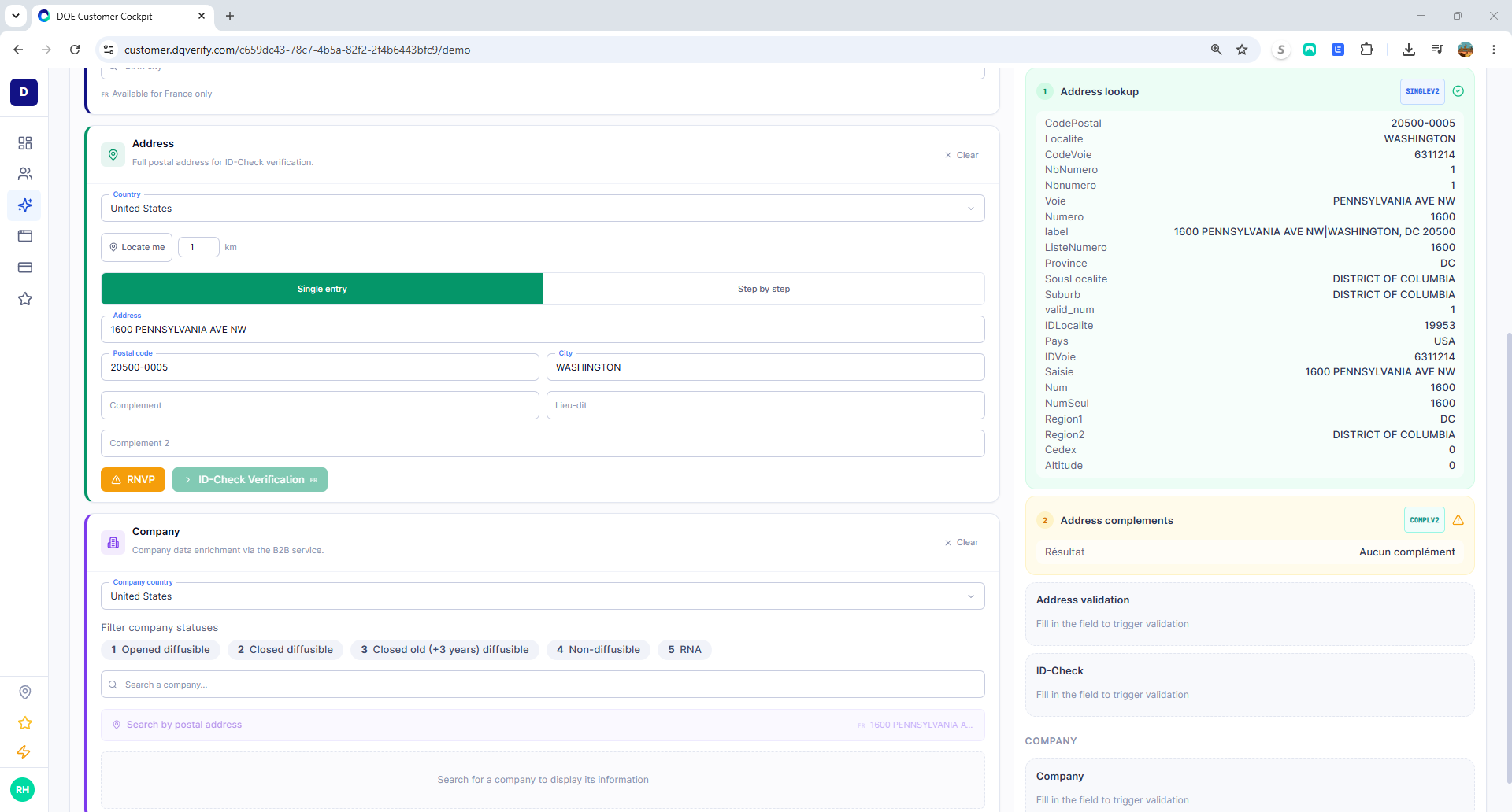 Address section with a validated address and full standardized data in the results panel