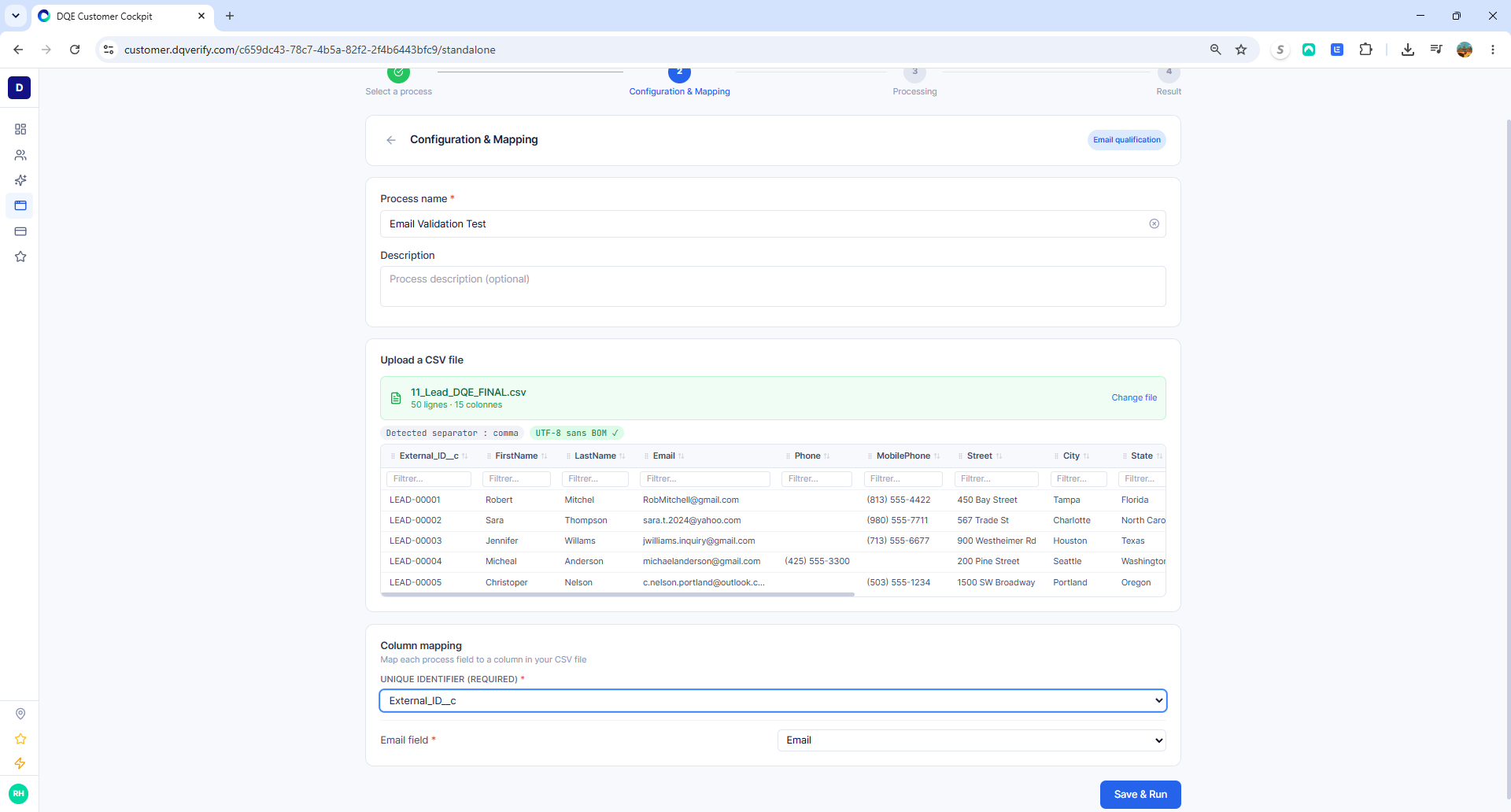 Configuration & Mapping screen showing CSV file preview and column mapping dropdowns