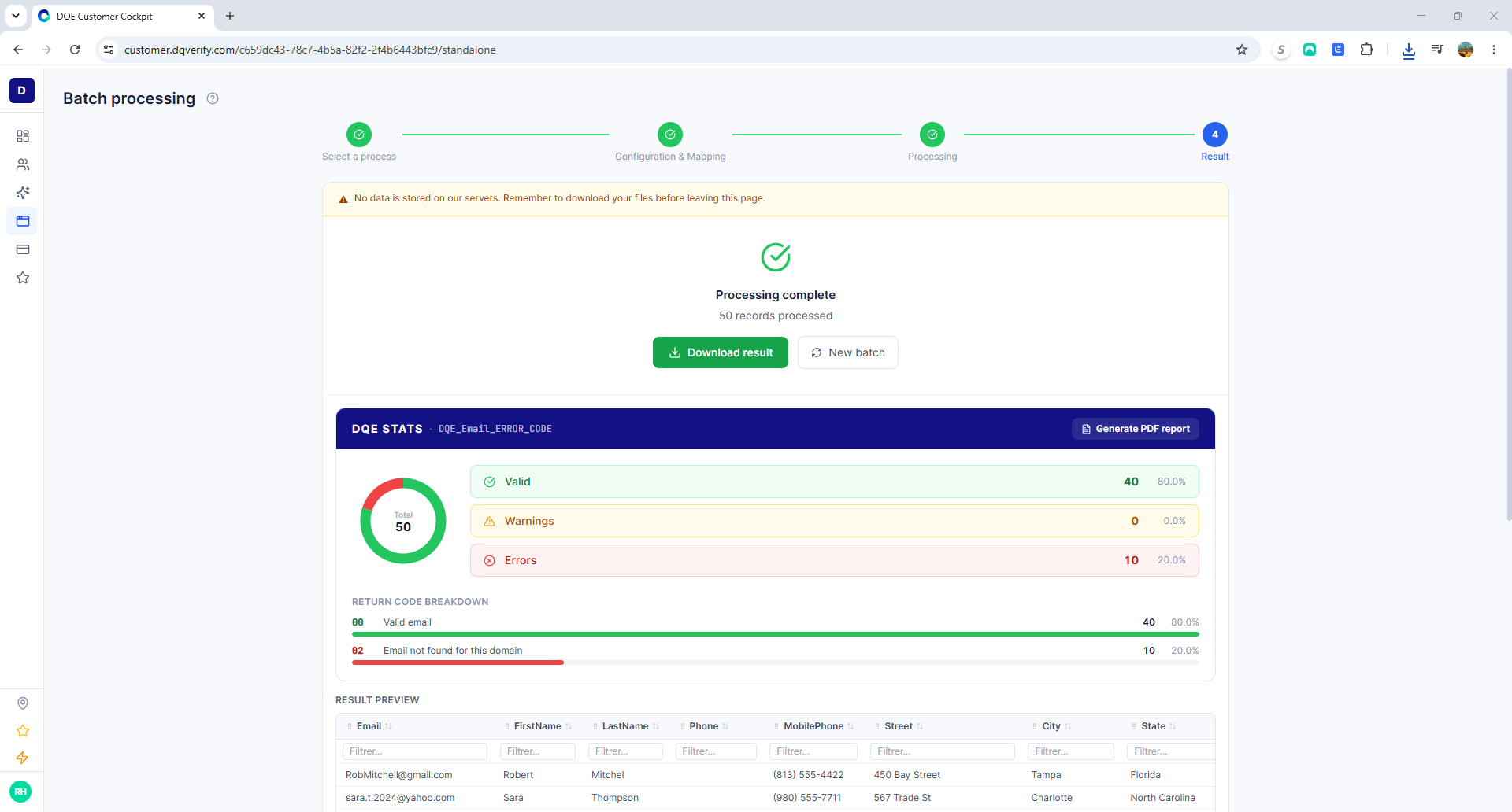 Result screen with DQE Stats panel showing 40 valid and 10 error records with return code breakdown