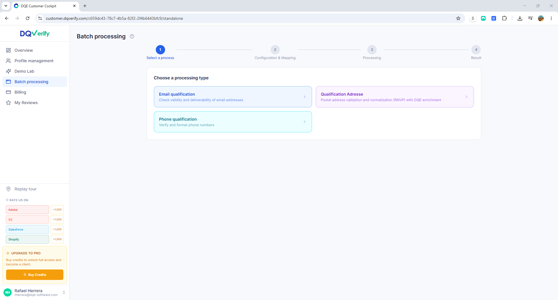 Batch processing screen with four-step wizard and three processing type options